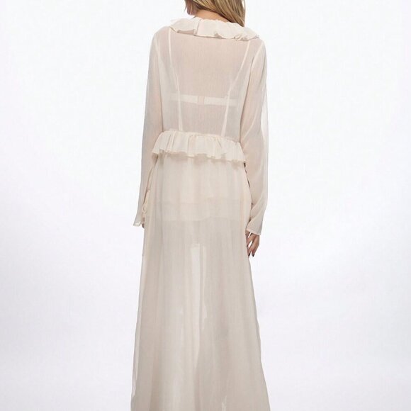 Beige Sexy Women's Boho Ruffle Longline Tie Front Top - Picture 2 of 5